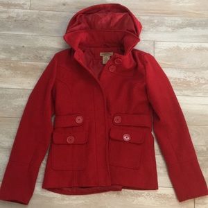 Red hooded pea coat